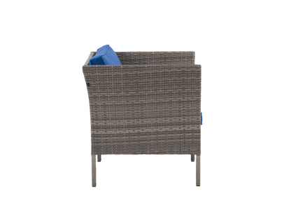 Grey and blue patio armchair with cushioned seat and backrest, featuring a sturdy metal frame and weather-resistant fabric, perfect for outdoor relaxation and garden seating.