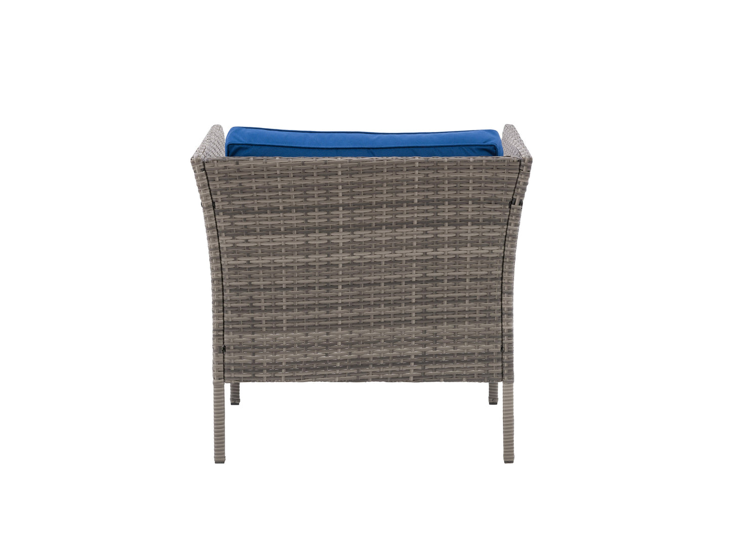 Grey and blue patio armchair with cushioned seat and backrest, featuring a sturdy metal frame and weather-resistant fabric, perfect for outdoor relaxation and garden seating.