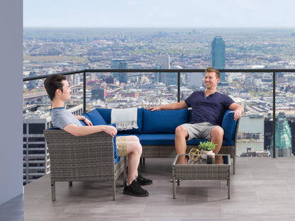 Grey and blue patio sectional set, 6 pieces, featuring weather-resistant wicker, plush cushions, and a modern design ideal for outdoor lounging and entertaining.