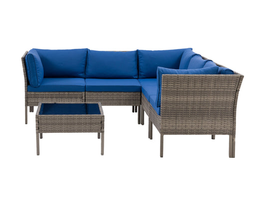 Grey and blue patio sectional set, 6 pieces, featuring weather-resistant wicker, plush cushions, and a modern design ideal for outdoor lounging and entertaining.