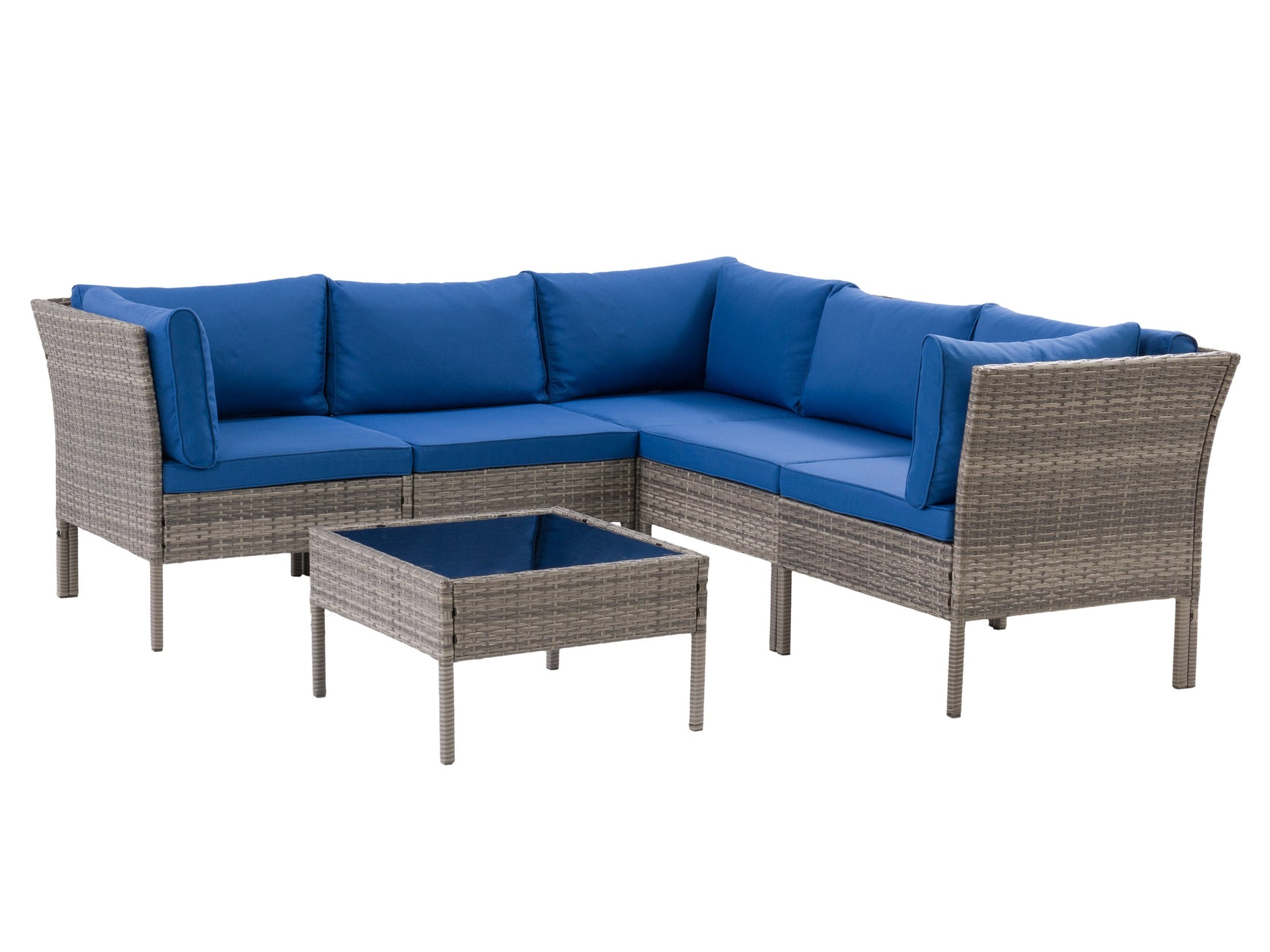 Grey and blue patio sectional set, 6 pieces, featuring weather-resistant wicker, plush cushions, and a modern design ideal for outdoor lounging and entertaining.