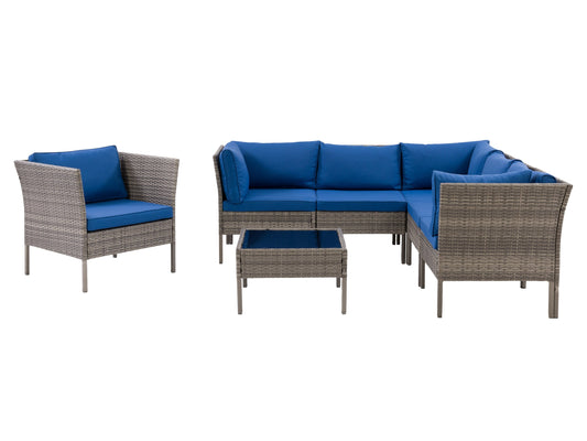 Alt Text: "L-shaped outdoor sectional in grey and blue with seven pieces, featuring weather-resistant cushions, sleek metal frame, and modular design for customizable patio seating."