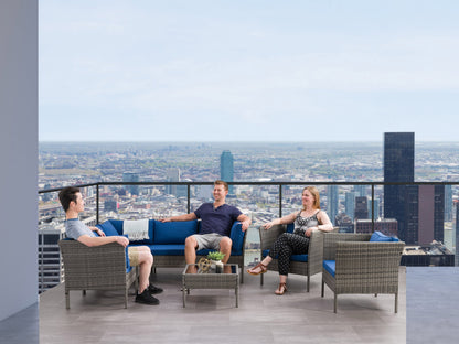 Grey and blue L-shaped outdoor sectional with 8 pieces, featuring weather-resistant cushions, powder-coated aluminum frame, and modular design. Ideal for patio seating and outdoor gatherings.