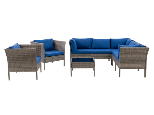 Grey and blue L-shaped outdoor sectional with 8 pieces, featuring weather-resistant cushions, powder-coated aluminum frame, and modular design. Ideal for patio seating and outdoor gatherings.