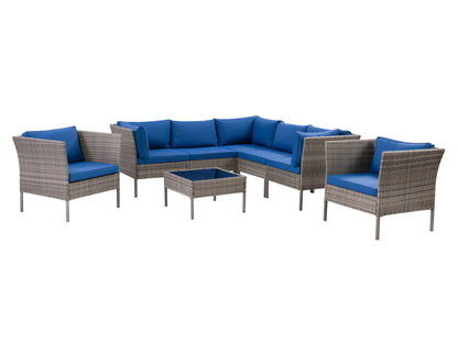 Grey and blue L-shaped outdoor sectional with 8 pieces, featuring weather-resistant cushions, powder-coated aluminum frame, and modular design. Ideal for patio seating and outdoor gatherings.