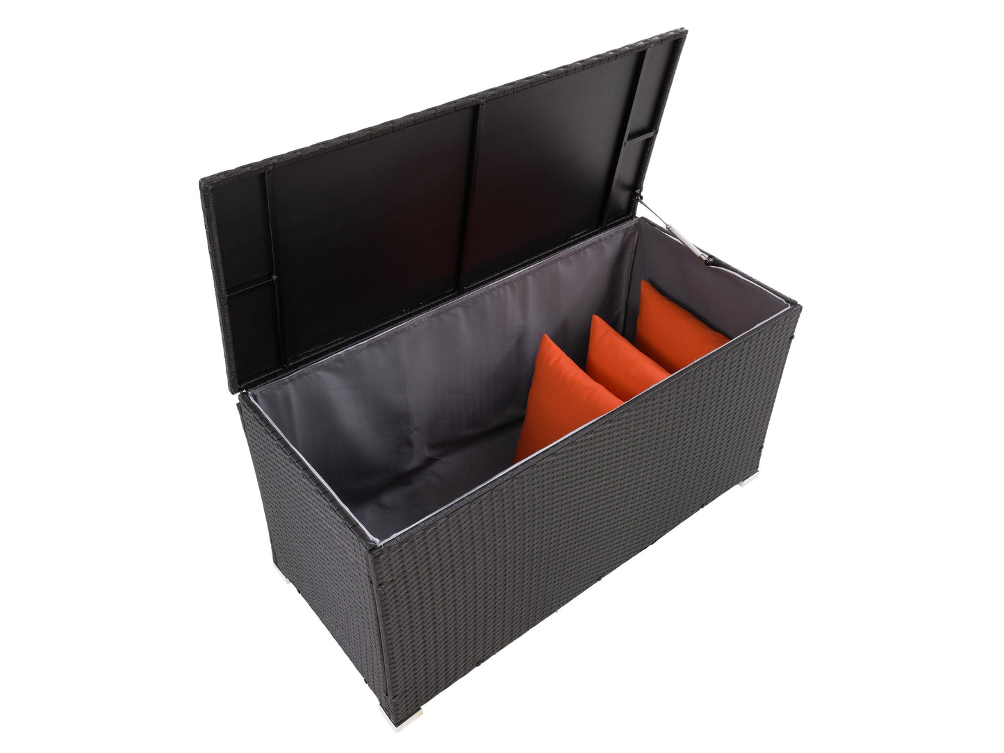 Grey wicker patio cushion box with a hinged lid, weather-resistant design, and spacious interior for outdoor storage. Perfect for keeping patio cushions, garden tools, and pool accessories organized and protected.