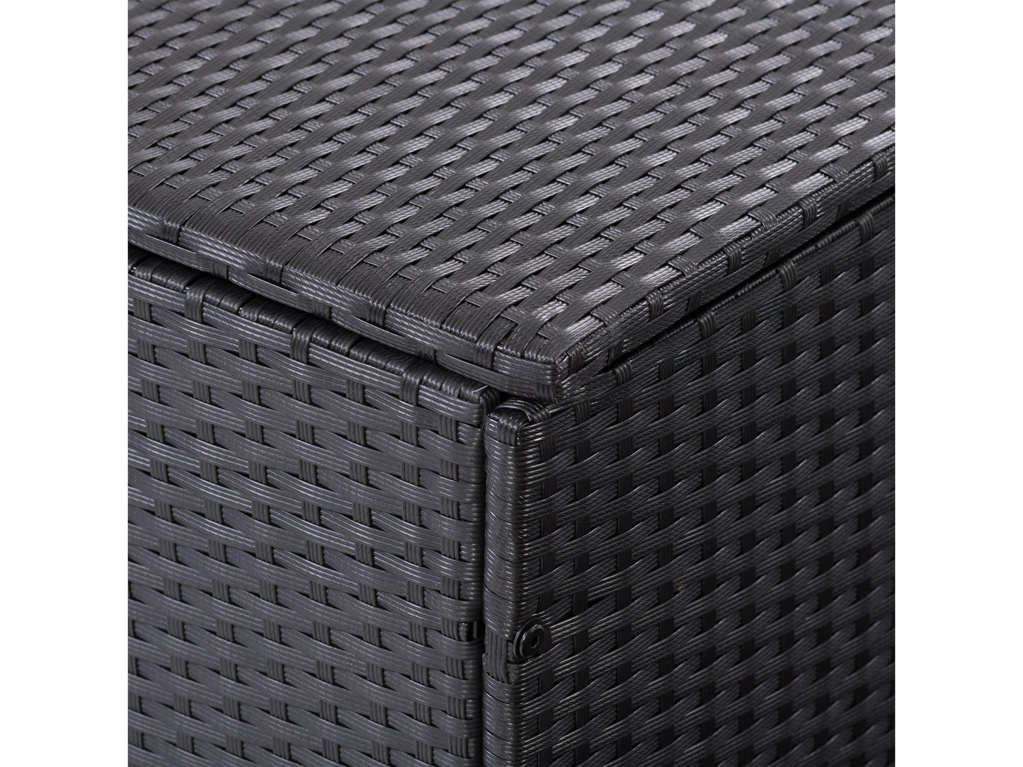 Grey wicker patio cushion box with a hinged lid, weather-resistant design, and spacious interior for outdoor storage. Perfect for keeping patio cushions, garden tools, and pool accessories organized and protected.