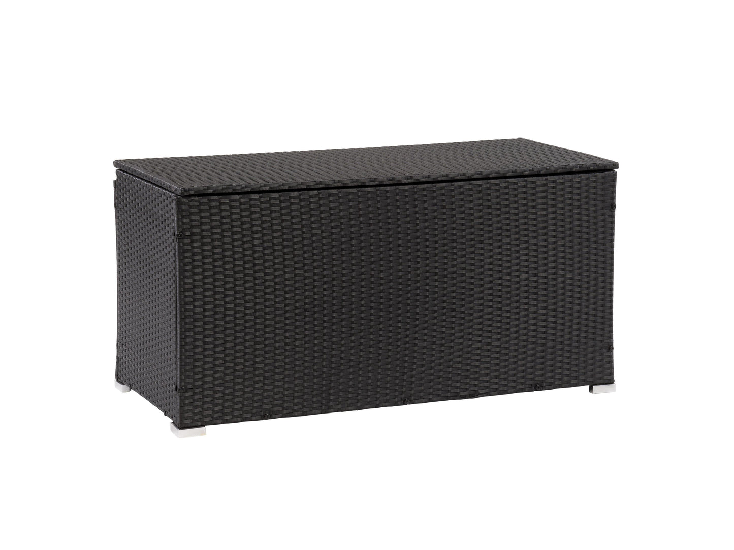 Grey wicker patio cushion box with a hinged lid, weather-resistant design, and spacious interior for outdoor storage. Perfect for keeping patio cushions, garden tools, and pool accessories organized and protected.