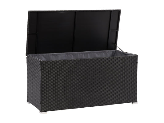 Grey wicker patio cushion box with a hinged lid, weather-resistant design, and spacious interior for outdoor storage. Perfect for keeping patio cushions, garden tools, and pool accessories organized and protected.