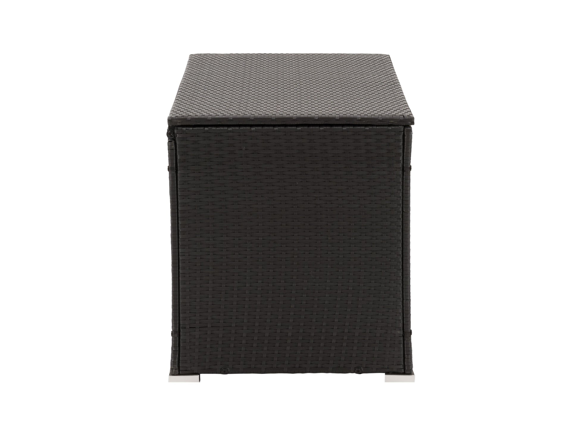 Grey wicker patio cushion box with a hinged lid, weather-resistant design, and spacious interior for outdoor storage. Perfect for keeping patio cushions, garden tools, and pool accessories organized and protected.