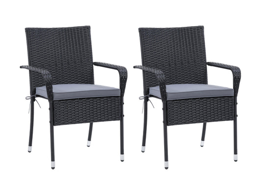 Black wicker stackable patio chairs with beige cushions, featuring a modern design, weather-resistant materials, and sturdy metal frames. Ideal for outdoor seating, garden, or balcony use. Set of 2.