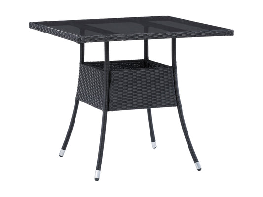 Square outdoor dining table with weather-resistant gray wicker frame, tempered glass top, and sturdy metal legs, perfect for patio or garden settings. Ideal for outdoor dining and entertaining.