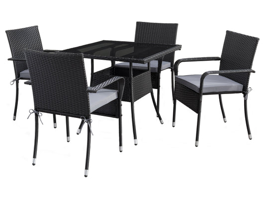 Modern 5-piece patio dining set with a rectangular glass table and four cushioned chairs in beige and brown wicker, featuring weather-resistant materials and a sleek design perfect for outdoor spaces.