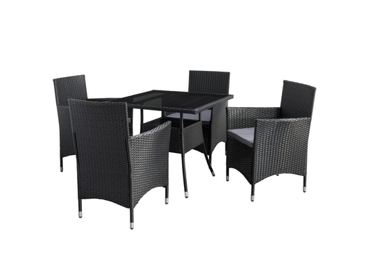 Modern 5-piece patio dining set with a rectangular glass table and four cushioned chairs in beige and brown wicker, featuring weather-resistant materials and a sleek design perfect for outdoor spaces.