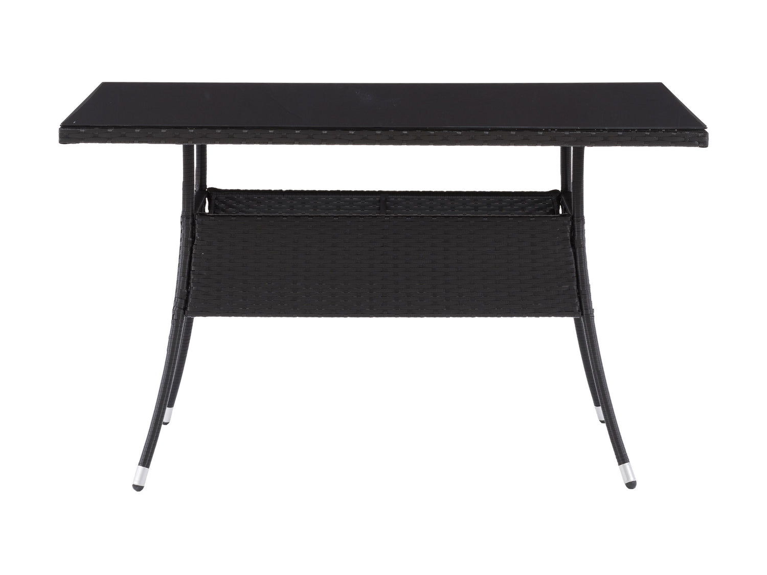 Black outdoor dining table with sleek aluminum frame, tempered glass top, and weather-resistant finish, ideal for patio or garden use. Rectangular shape with modern design, perfect for outdoor dining and entertaining.