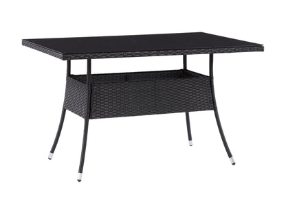 Black outdoor dining table with sleek aluminum frame, tempered glass top, and weather-resistant finish, ideal for patio or garden use. Rectangular shape with modern design, perfect for outdoor dining and entertaining.