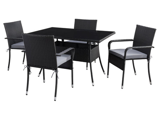 Modern 5-piece patio dining set with a rectangular glass table and four cushioned chairs in beige and brown wicker, featuring weather-resistant materials and a sleek design perfect for outdoor spaces.