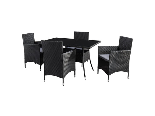 Modern 5-piece patio dining set with a rectangular glass table and four cushioned chairs in beige and brown wicker, featuring weather-resistant materials and a sleek design perfect for outdoor spaces.