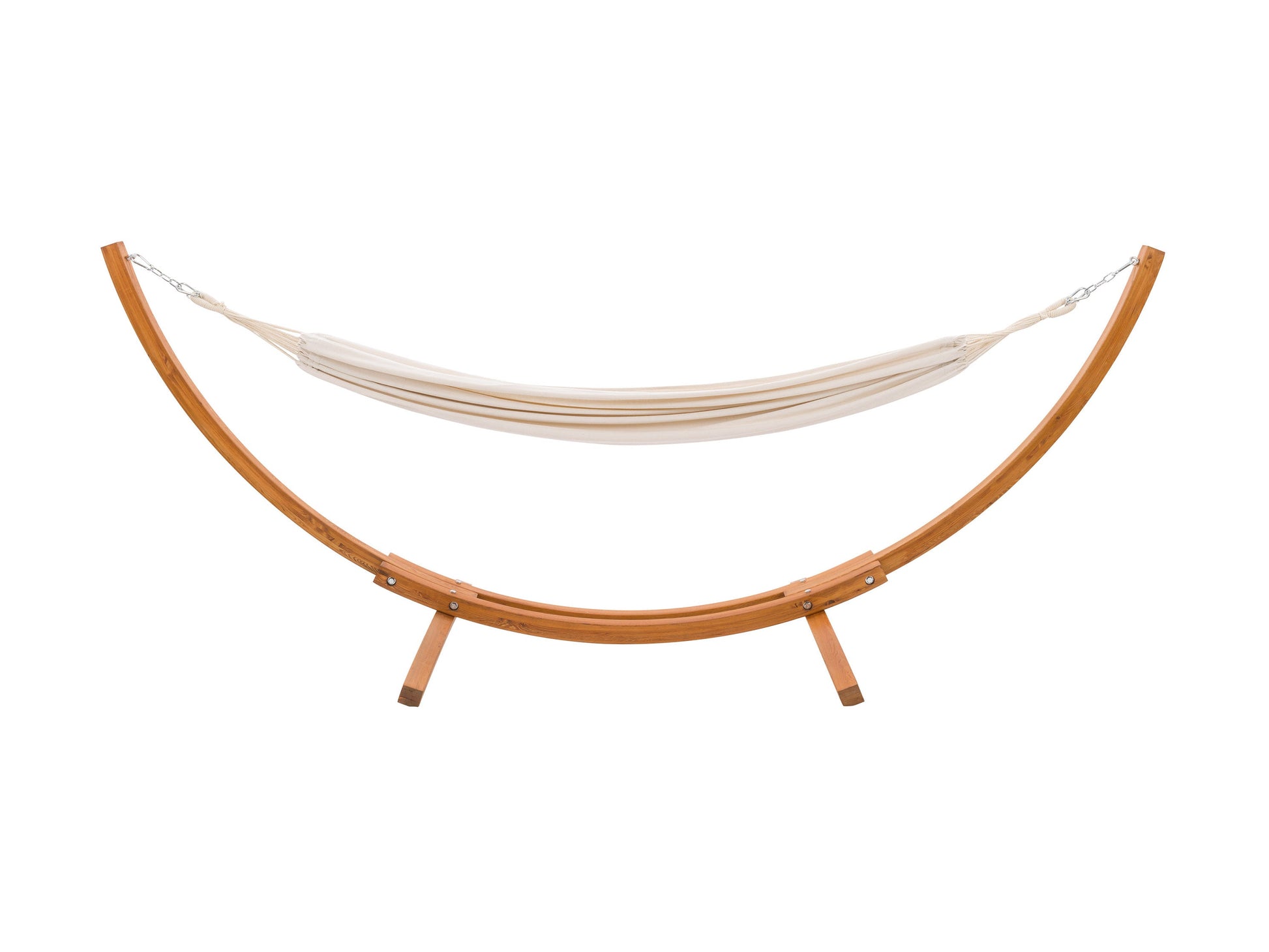 Beige patio hammock with wooden stand, featuring a durable cotton fabric, curved wooden frame, and sturdy metal chains for outdoor relaxation. Ideal for backyards, gardens, and patios.