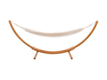 Beige patio hammock with wooden stand, featuring a durable cotton fabric, curved wooden frame, and sturdy metal chains for outdoor relaxation. Ideal for backyards, gardens, and patios.