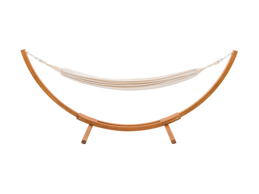 Beige patio hammock with wooden stand, featuring a durable cotton fabric, curved wooden frame, and sturdy metal chains for outdoor relaxation. Ideal for backyards, gardens, and patios.