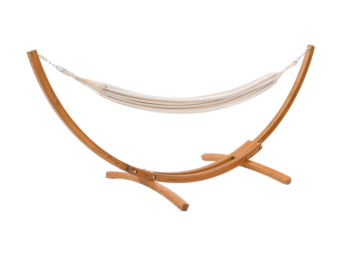 Beige patio hammock with wooden stand, featuring a durable cotton fabric, curved wooden frame, and sturdy metal chains for outdoor relaxation. Ideal for backyards, gardens, and patios.