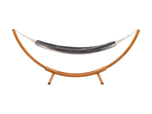 Navy blue and white striped patio hammock with wooden stand, featuring durable cotton fabric and sturdy, weather-resistant wood frame, perfect for outdoor relaxation and garden lounging.