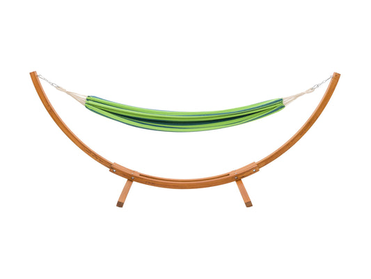 Blue and green striped patio hammock with a sturdy wooden stand, featuring durable fabric and a comfortable design perfect for outdoor relaxation.