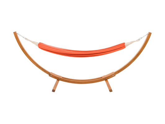 Orange patio hammock with sturdy wooden stand, featuring a woven fabric texture and curved wood frame, perfect for outdoor relaxation.