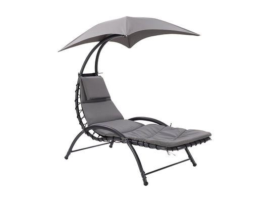 Grey patio lounge chair with canopy, featuring a sleek metal frame, comfortable cushioned seat, and adjustable reclining positions. Ideal for outdoor relaxation, UV-resistant fabric ensures durability and longevity.