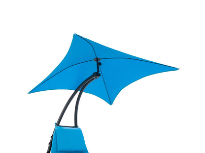 Blue patio lounge chair with adjustable canopy, featuring a sturdy metal frame, weather-resistant fabric, and comfortable cushioning. Ideal for outdoor relaxation and sun protection.