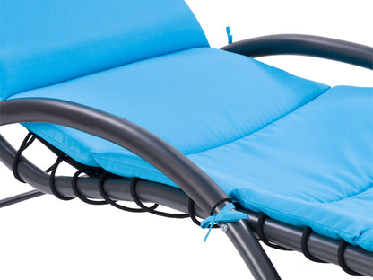 Blue patio lounge chair with adjustable canopy, featuring a sturdy metal frame, weather-resistant fabric, and comfortable cushioning. Ideal for outdoor relaxation and sun protection.