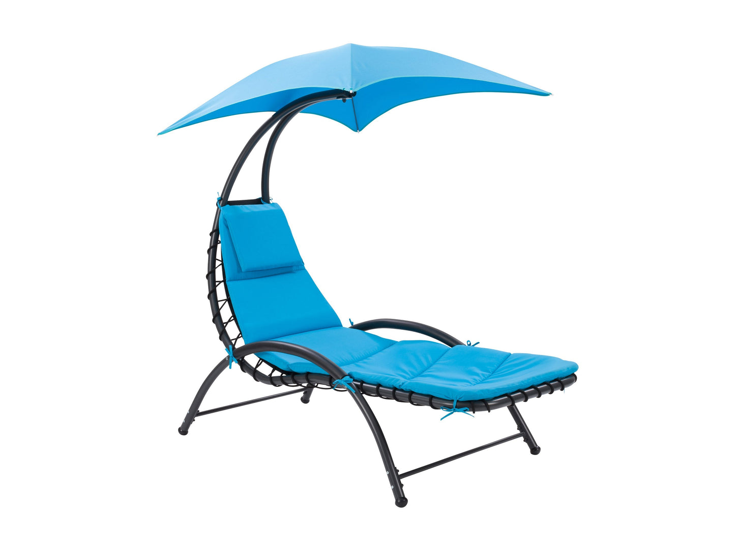 Blue patio lounge chair with adjustable canopy, featuring a sturdy metal frame, weather-resistant fabric, and comfortable cushioning. Ideal for outdoor relaxation and sun protection.