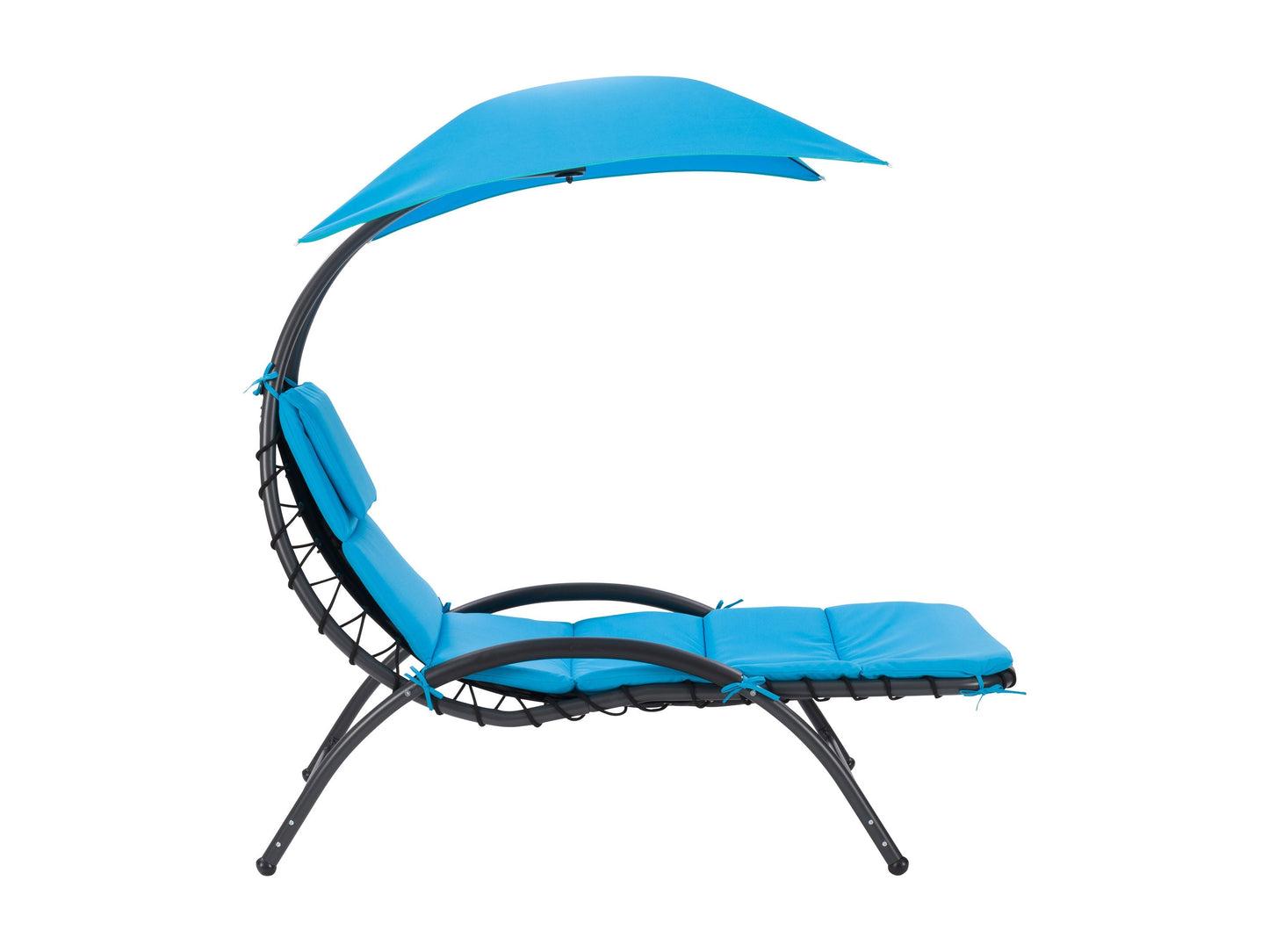 Blue patio lounge chair with adjustable canopy, featuring a sturdy metal frame, weather-resistant fabric, and comfortable cushioning. Ideal for outdoor relaxation and sun protection.