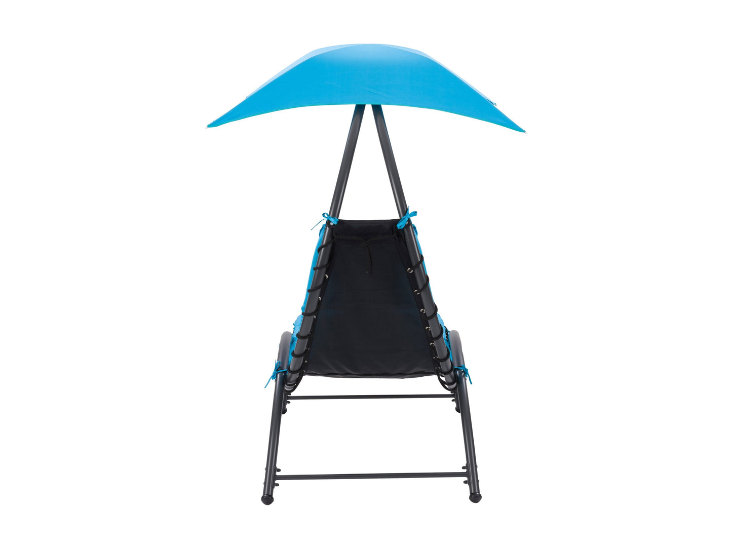 Blue patio lounge chair with adjustable canopy, featuring a sturdy metal frame, weather-resistant fabric, and comfortable cushioning. Ideal for outdoor relaxation and sun protection.