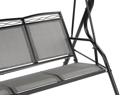 Grey patio swing with canopy, featuring a sturdy metal frame, comfortable cushioned seats, and weather-resistant fabric. Ideal for outdoor relaxation in gardens, patios, or backyards.