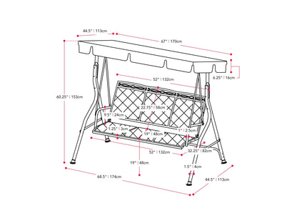 Grey patio swing with canopy, featuring a sturdy metal frame, comfortable cushioned seats, and weather-resistant fabric. Ideal for outdoor relaxation in gardens, patios, or backyards.