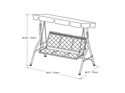 Grey patio swing with canopy, featuring a sturdy metal frame, comfortable cushioned seats, and weather-resistant fabric. Ideal for outdoor relaxation in gardens, patios, or backyards.