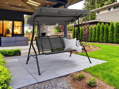 Grey patio swing with canopy, featuring a sturdy metal frame, comfortable cushioned seats, and weather-resistant fabric. Ideal for outdoor relaxation in gardens, patios, or backyards.