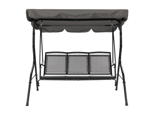 Grey patio swing with canopy, featuring a sturdy metal frame, comfortable cushioned seats, and weather-resistant fabric. Ideal for outdoor relaxation in gardens, patios, or backyards.