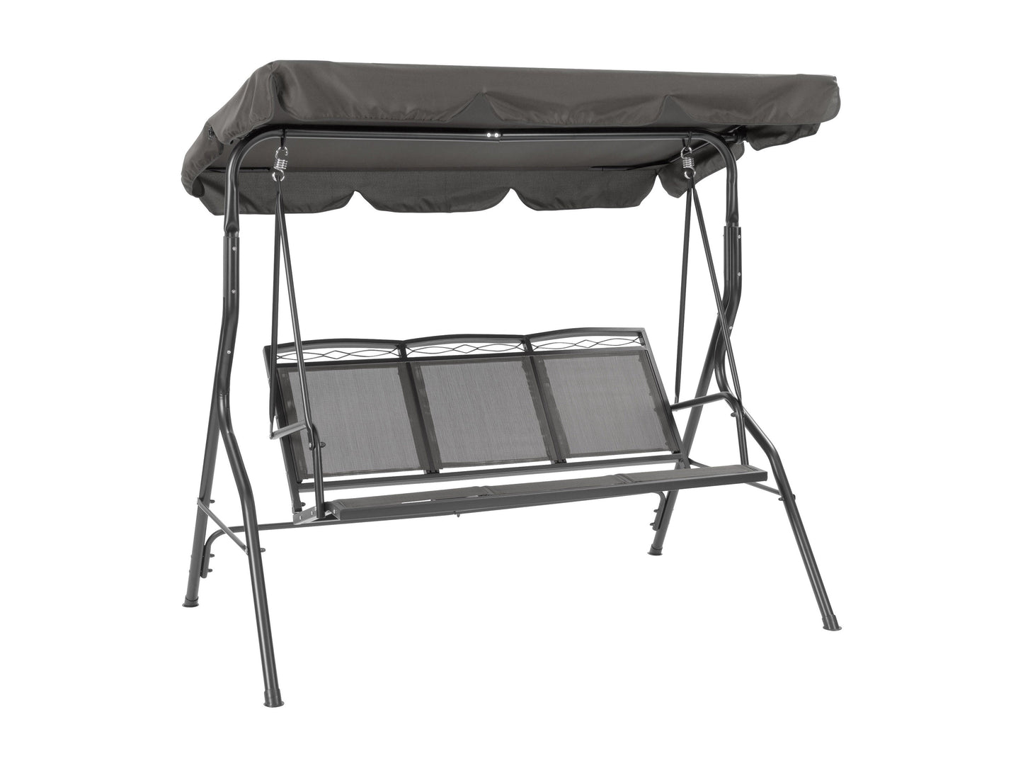 Grey patio swing with canopy, featuring a sturdy metal frame, comfortable cushioned seats, and weather-resistant fabric. Ideal for outdoor relaxation in gardens, patios, or backyards.