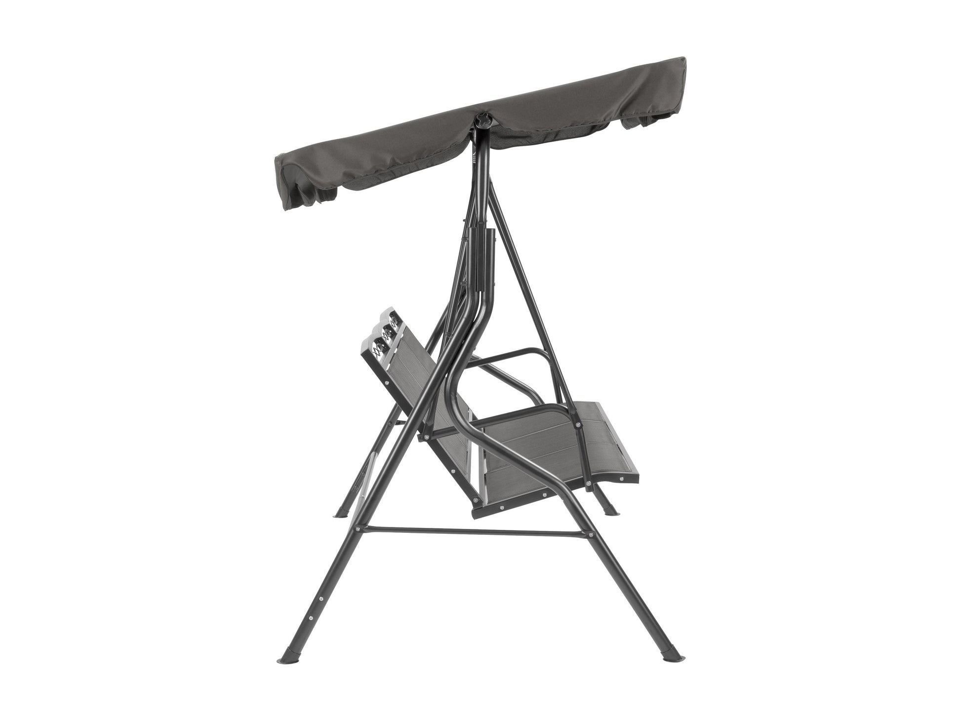 Grey patio swing with canopy, featuring a sturdy metal frame, comfortable cushioned seats, and weather-resistant fabric. Ideal for outdoor relaxation in gardens, patios, or backyards.