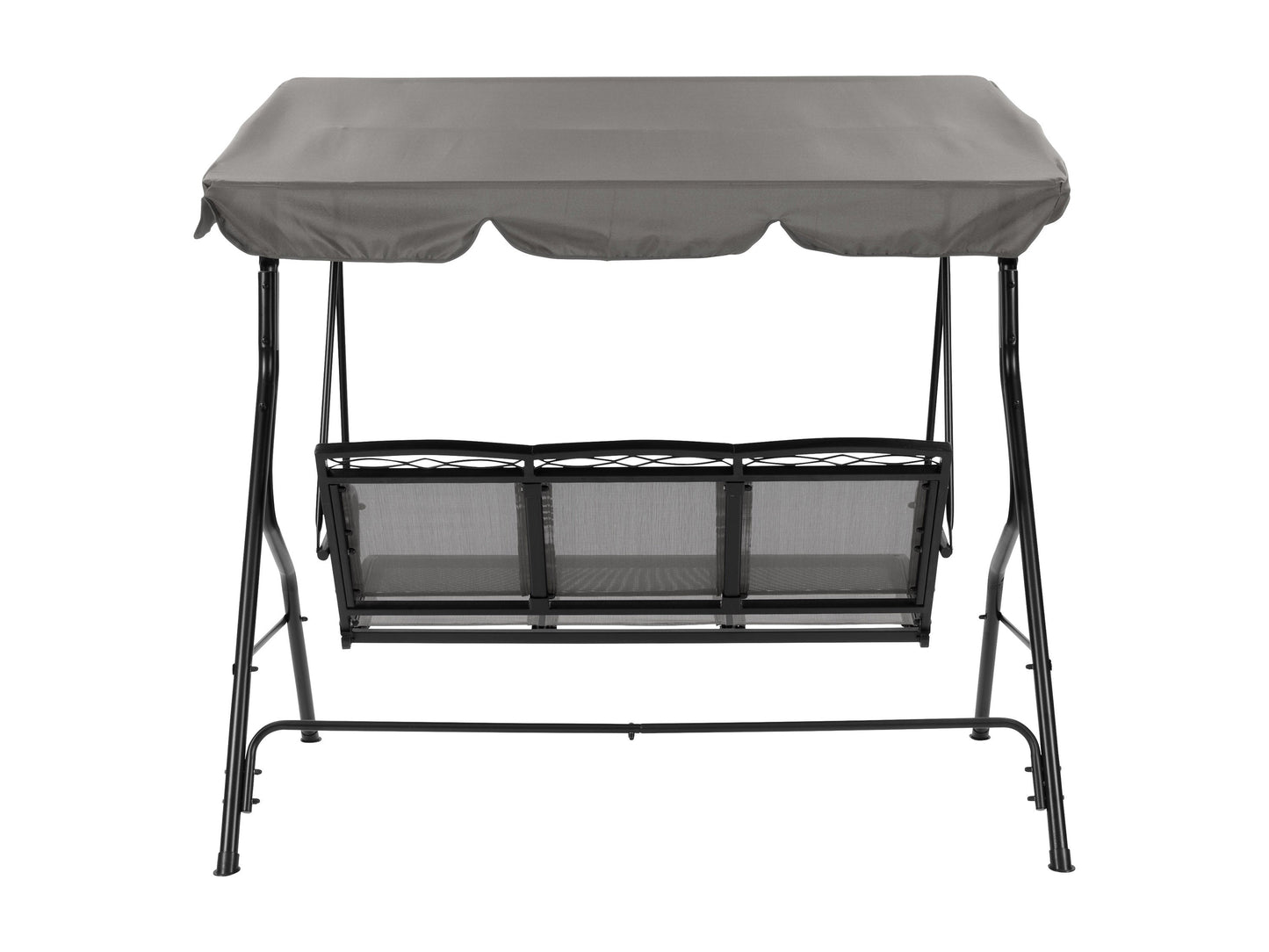 Grey patio swing with canopy, featuring a sturdy metal frame, comfortable cushioned seats, and weather-resistant fabric. Ideal for outdoor relaxation in gardens, patios, or backyards.