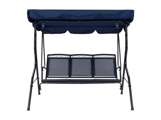 Navy blue patio swing with canopy, cushioned seats, sturdy steel frame, and adjustable sunshade. Ideal for outdoor relaxation and garden decor.