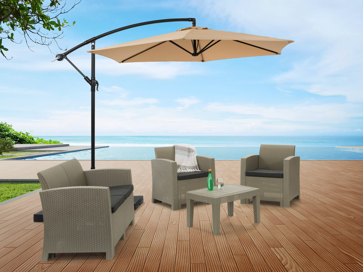 Taupe 9ft cantilever patio umbrella with tilting feature, sturdy aluminum frame, and UV-resistant canopy. Ideal for outdoor spaces, providing adjustable shade and protection from the sun.