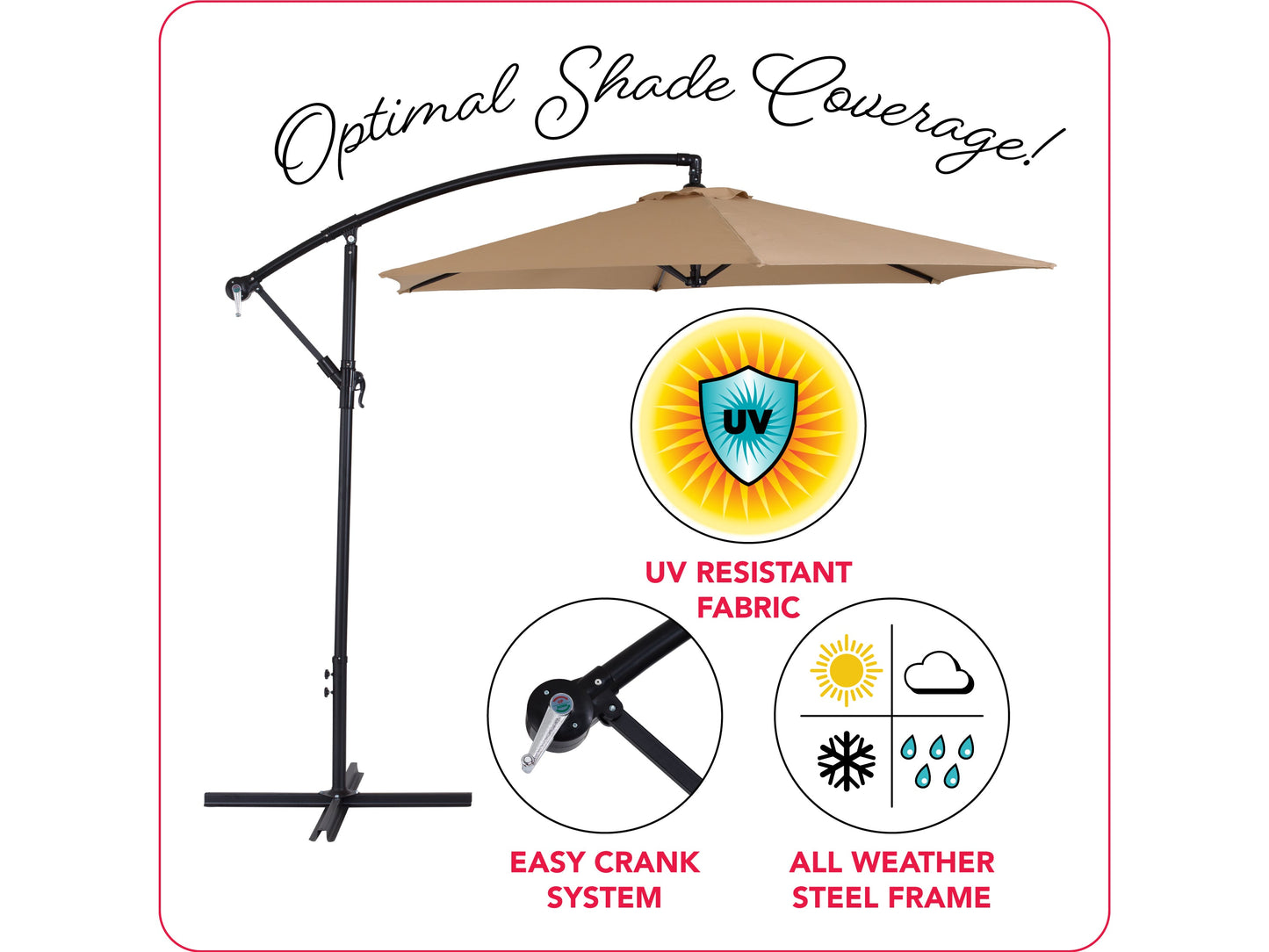 Taupe 9ft cantilever patio umbrella with tilting feature, sturdy aluminum frame, and UV-resistant canopy. Ideal for outdoor spaces, providing adjustable shade and protection from the sun.