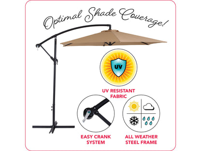 Taupe 9ft cantilever patio umbrella with tilting feature, sturdy aluminum frame, and UV-resistant canopy. Ideal for outdoor spaces, providing adjustable shade and protection from the sun.