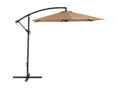 Taupe 9ft cantilever patio umbrella with tilting feature, sturdy aluminum frame, and UV-resistant canopy. Ideal for outdoor spaces, providing adjustable shade and protection from the sun.