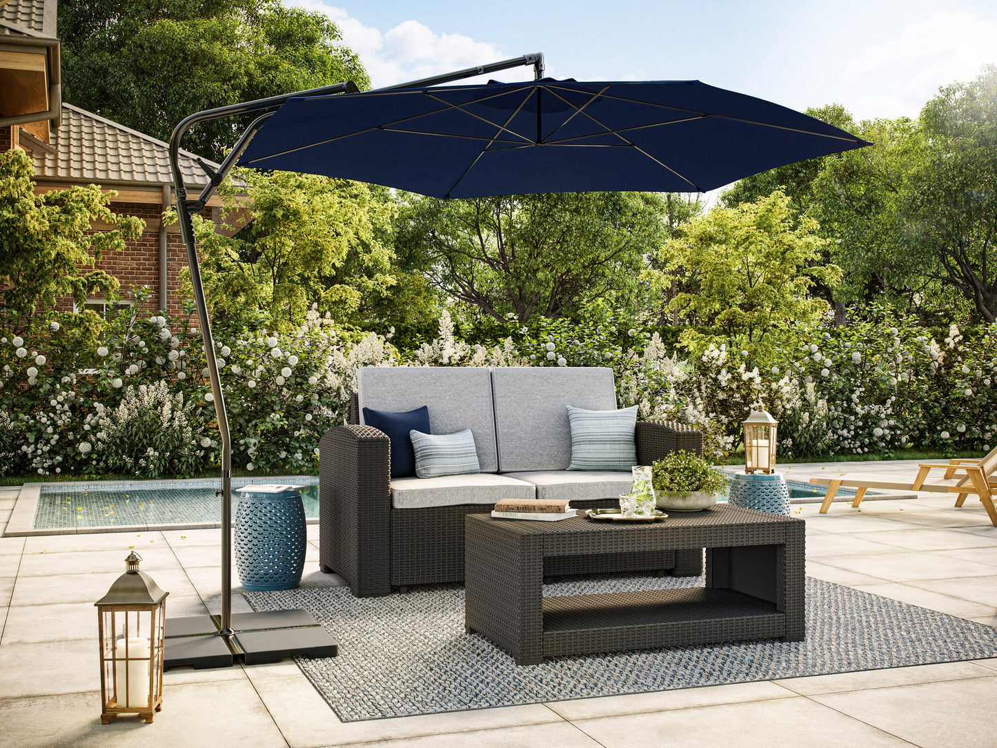 Navy blue 10ft cantilever patio umbrella with tilting feature, durable aluminum frame, and UV-resistant fabric, perfect for outdoor use on patios, decks, and gardens.