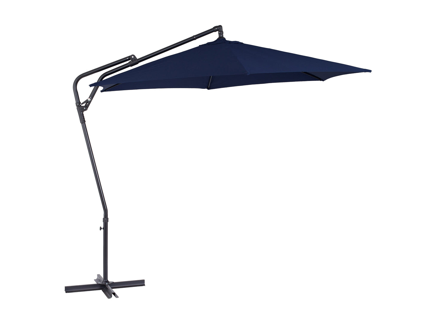 Navy blue 10ft cantilever patio umbrella with tilting feature, durable aluminum frame, and UV-resistant fabric, perfect for outdoor use on patios, decks, and gardens.